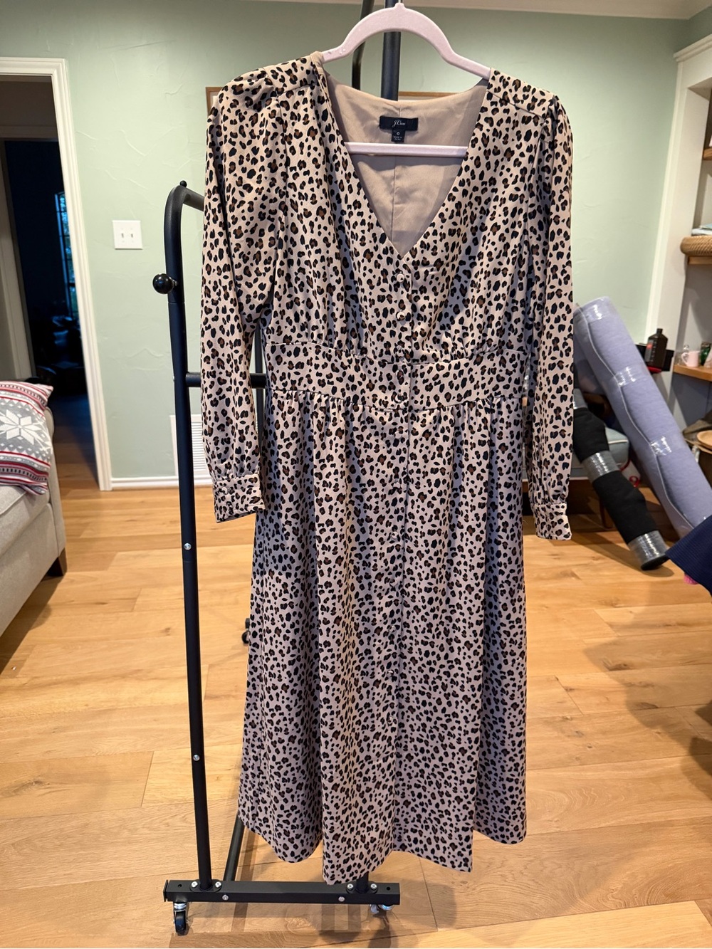 J. Crew Tan Leopard Print Long Sleeve Midi Dress